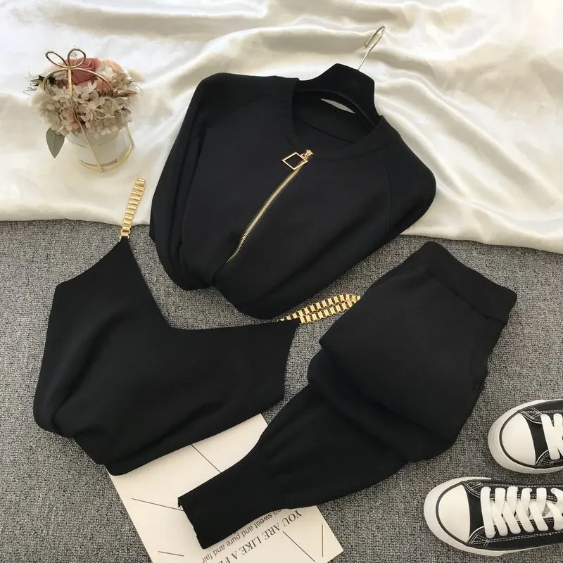 Women Zipper Knitted Cardigans Sweaters + Pants Sets + Vest Woman Fashion Jumpers Trousers 2 PCS Costumes Outfit ytg