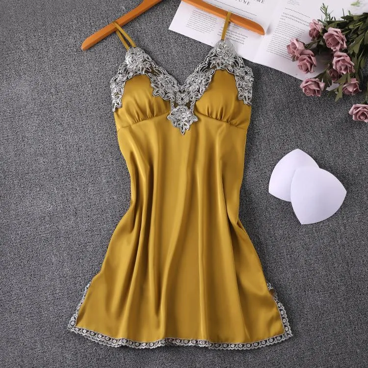 Nightgown Satin Sexy Lingerie íntima Sleepwear Mulheres Espaguete Strap Nightdress Silky Nightwear Lace Home Roupão