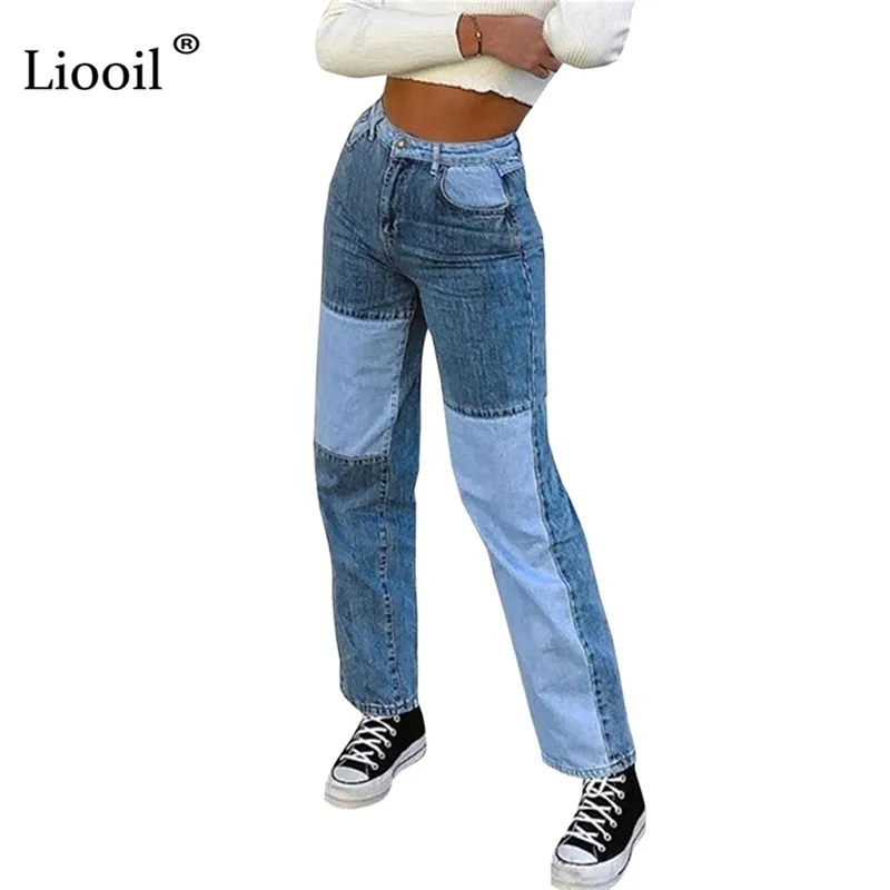 Liooil retalhos azul cintura alta cintura jeans em linha reta com bolsos cair 2021 cor bloco de cor senhoras jean calças sexy calças jeans 201223