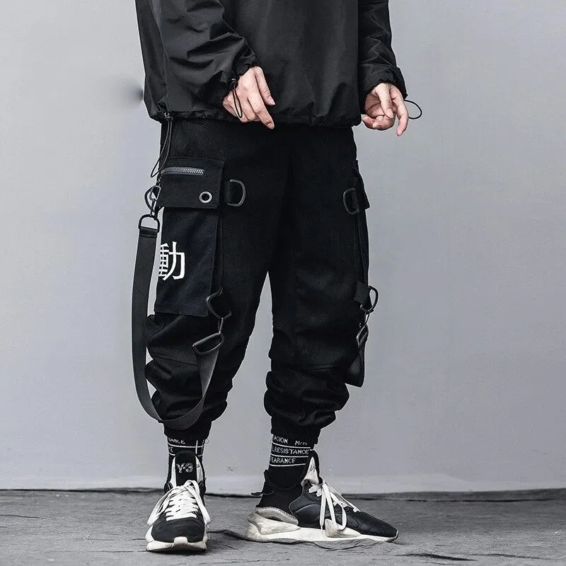 Mens Kanji Ribbons Cargo Pants with Multi Pockets - Harajuku