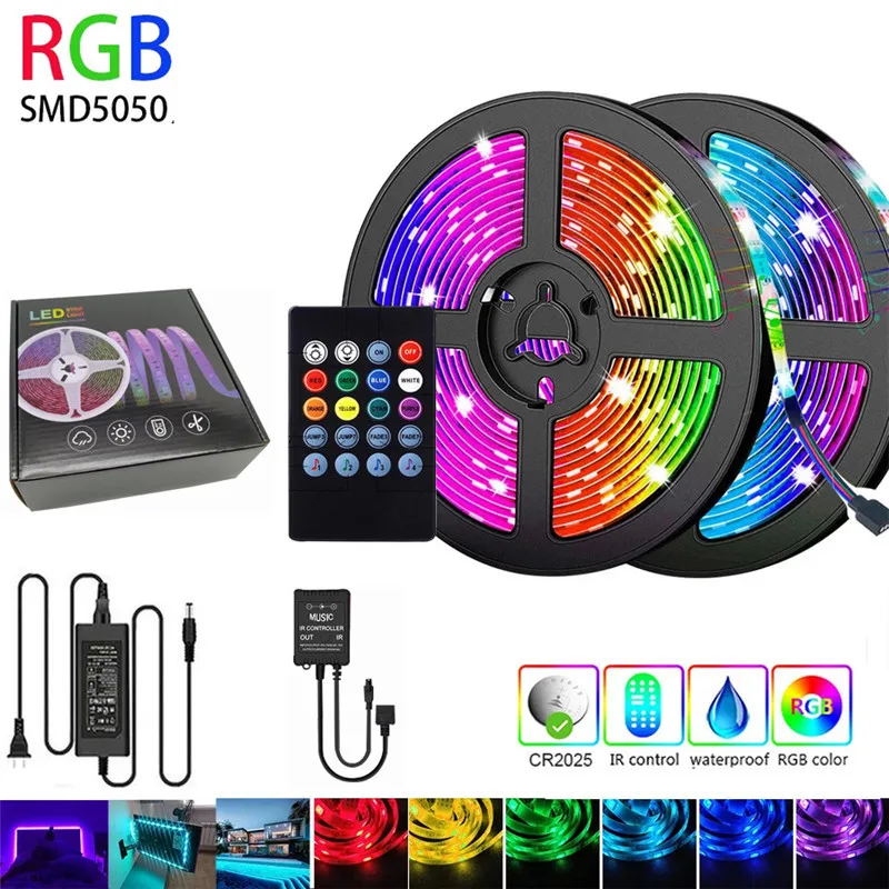 RGB LED Strip Light SMD5050 Diode Flexible Ribbon 5M 10M LED Strip Full Set with Music Controller 20 Keys Remote 12V Power Adapter