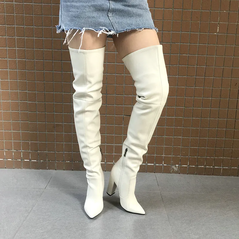 Women Sexy Thigh High Boots for Women Pointed Toe Block Heel Over the Knee High Boots 2020 Winter New Long Boots Red Black Beige