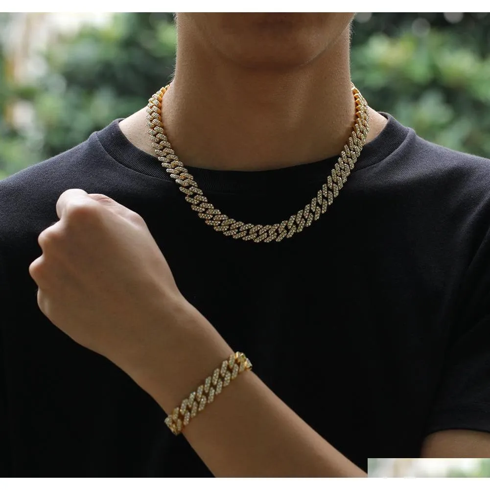 12mm miami cuban link chain necklace bracelets set for mens bling hip hop iced out diamond gold silver rapper chains women luxury