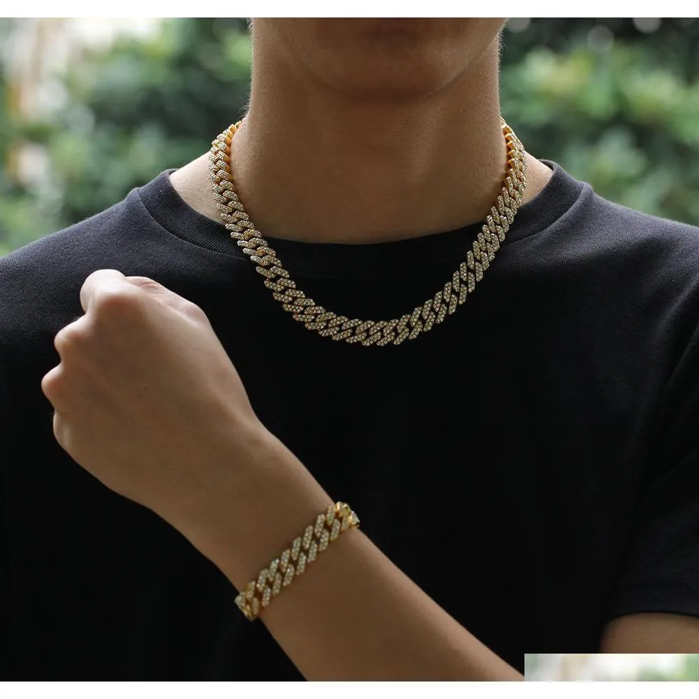 12mm  cuban link chain necklace bracelets set for mens bling hip hop iced out diamond gold silver rapper chains women luxury