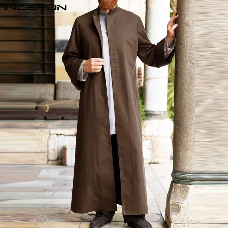 Vêtements ethniques hommes solide musulman longs hauts INCERUN Vintage automne manches col montant Abaya Jubba bouton couvert islamique Plus Size224S