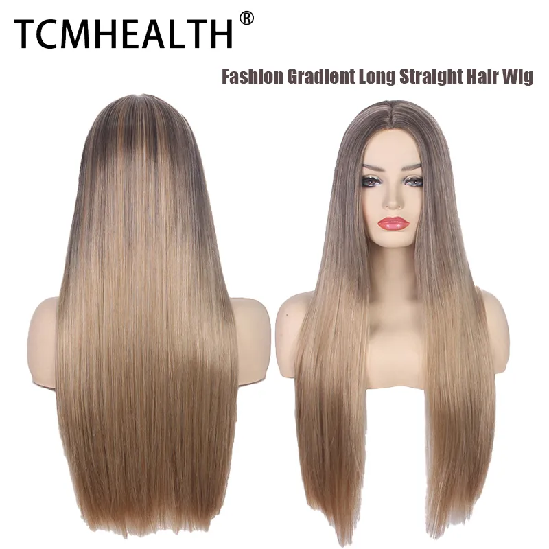 Long Straight Hair Wig Ladies Fashion Dyeing Black Gradient High Temperature Silk