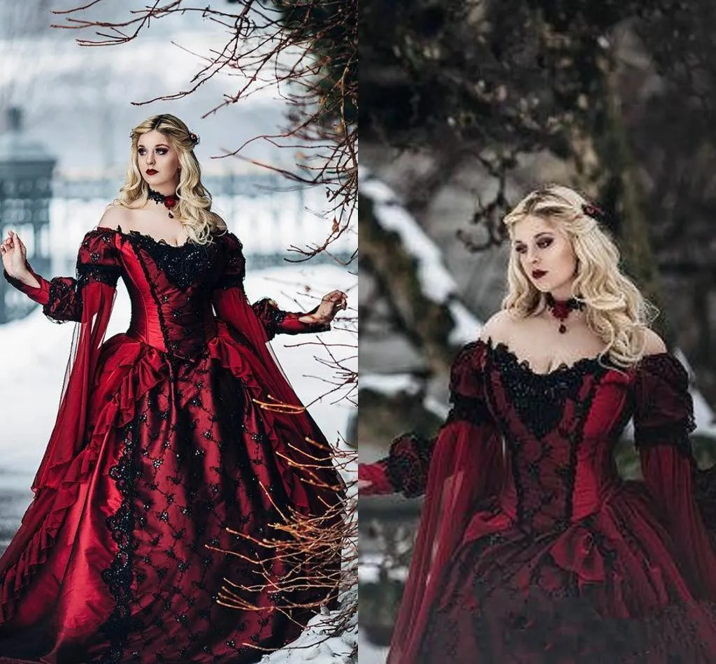 Vintage gótico Bela Adormecida Princesa Medieval Borgonha Preto Prom Vestidos manga comprida espartilho vitoriano Hollywood Masquerade Mariage Vestido