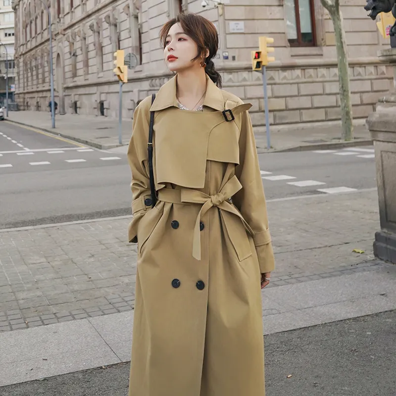Spring Autumn Double Breasted Women Trench Coat Long Below Knee Belted Duster Coat Khaki Outerwear for Ladies Windbreaker T200811