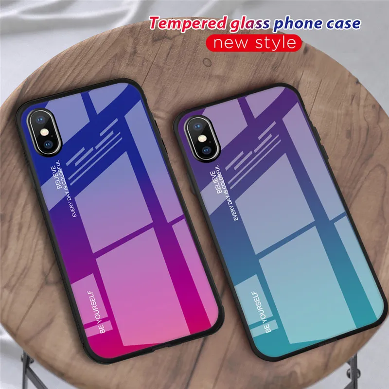 Hot Selling Gehard Glass Phone Case voor iPhone 12 11 XS MAX XR X 8 7 6 6 S Plus Cases Gradiënt Kleur Zachte TPU Achterkant voor Apple