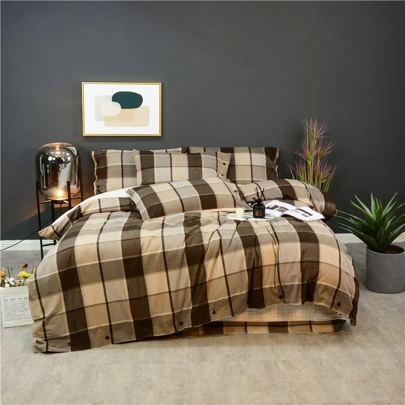 100% bomull Tjock sängkläder 4PCs Queen King Plaid Gingham 800TC Ultra Soft 1 Duvet Skal med knapp 1 Bäddsplatta 2 Pillowcases 201113