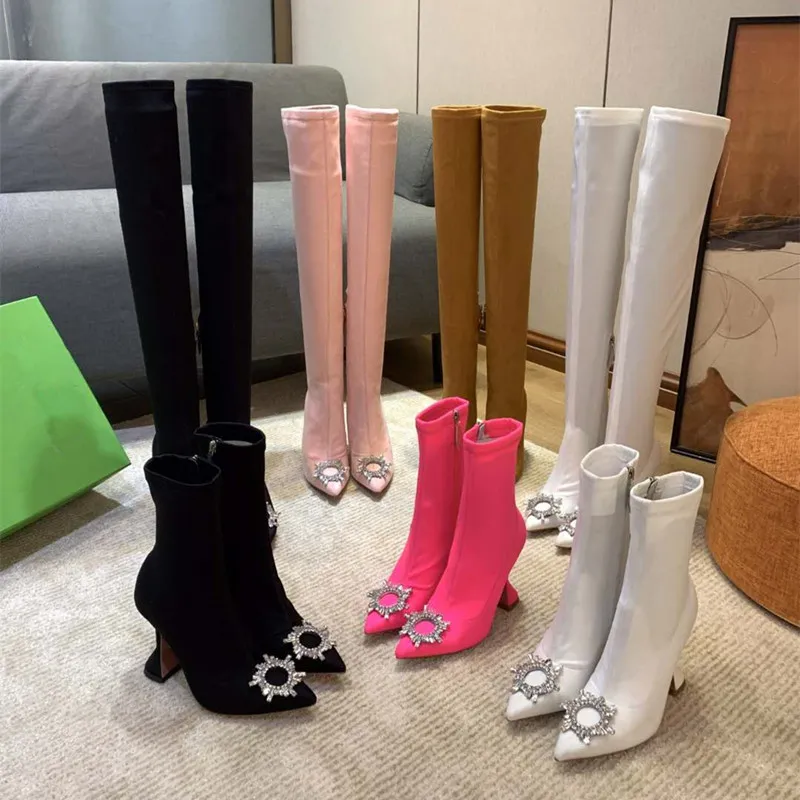 New Sexy Crystal Collar Over the Knee Thigh High Boots Women Pointy Pink Black Suede Cup High Heels Long Boots Party Shoes Woman