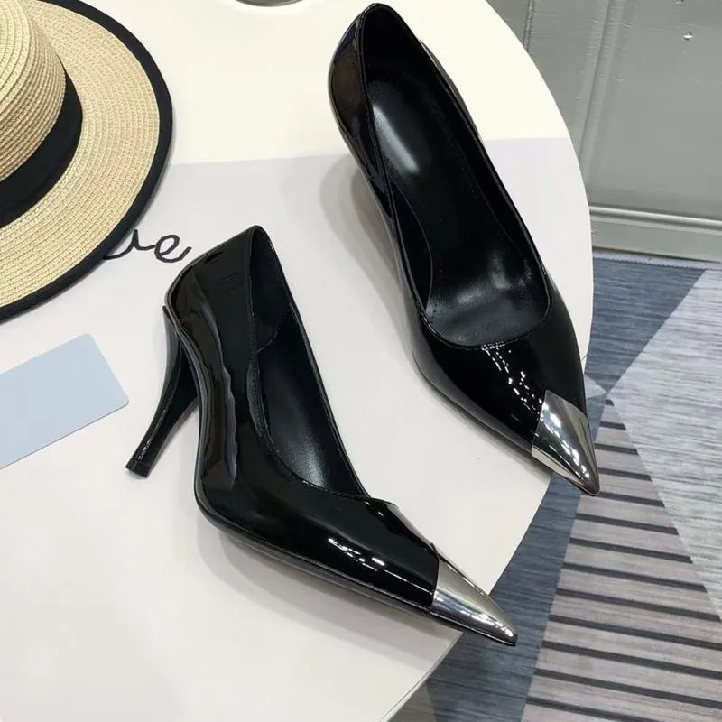 women Dress shoes fashion high heeled boat shoes Designer leather Stiletto heel heels 100% cowhide Metal Button Pointed Black Patent shoe Large size 34-41-42 With box