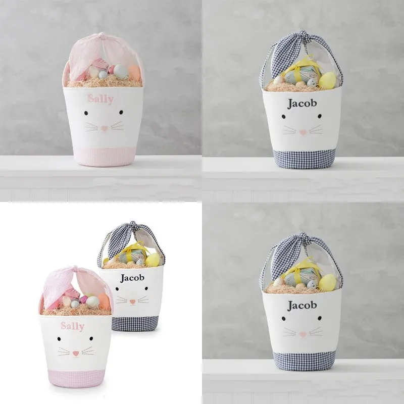 Plaid Patchwork Easter Rabbit Barrel Canvas Lovely Cartoon Fashion Bow Children Candy Gift Hand Basket 13 5fg J2