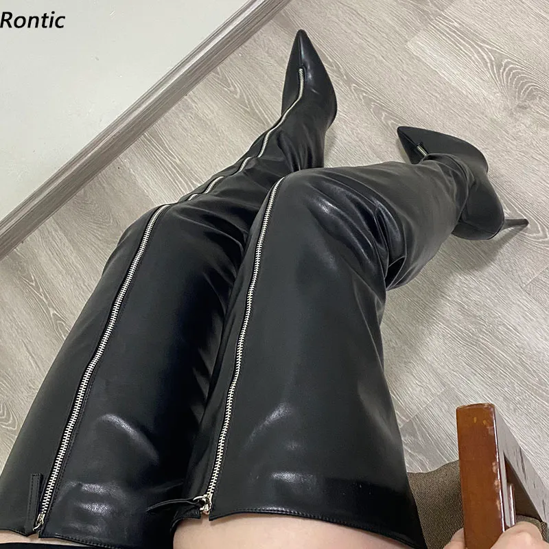 Rontic 女性の冬の腿のブーツマットフェイクレザーフロントジッパースティレットヒールポインテッドトゥエレガントな黒のパーティーシューズ米国サイズ 5-15