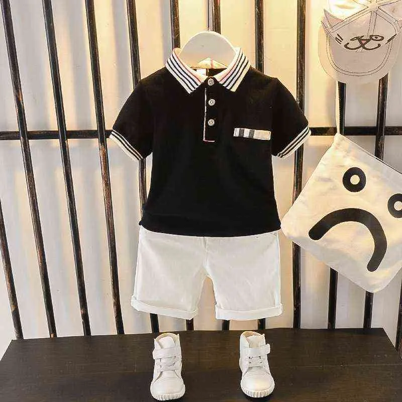 Vêtements d'été pour garçons, costume deux pièces, haut à revers + demi-short, vêtements pour enfants, noir et blanc, G220310