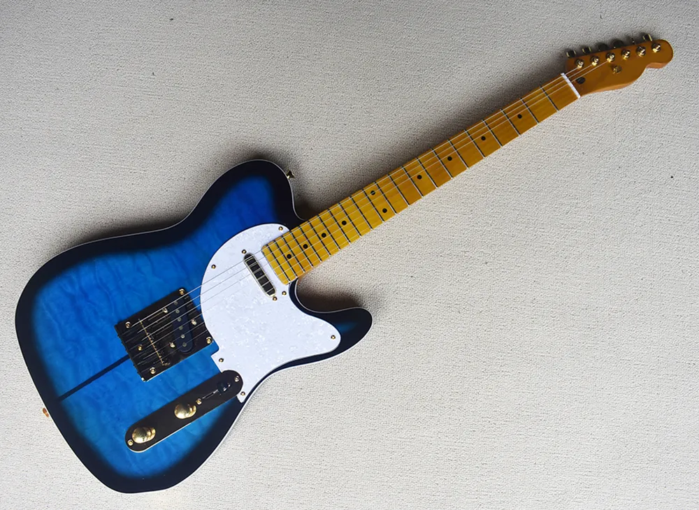 Guitare électrique bleue à 6 cordes avec touche en érable jaune, placage d'érable matelassé, peut être personnalisée sur demande