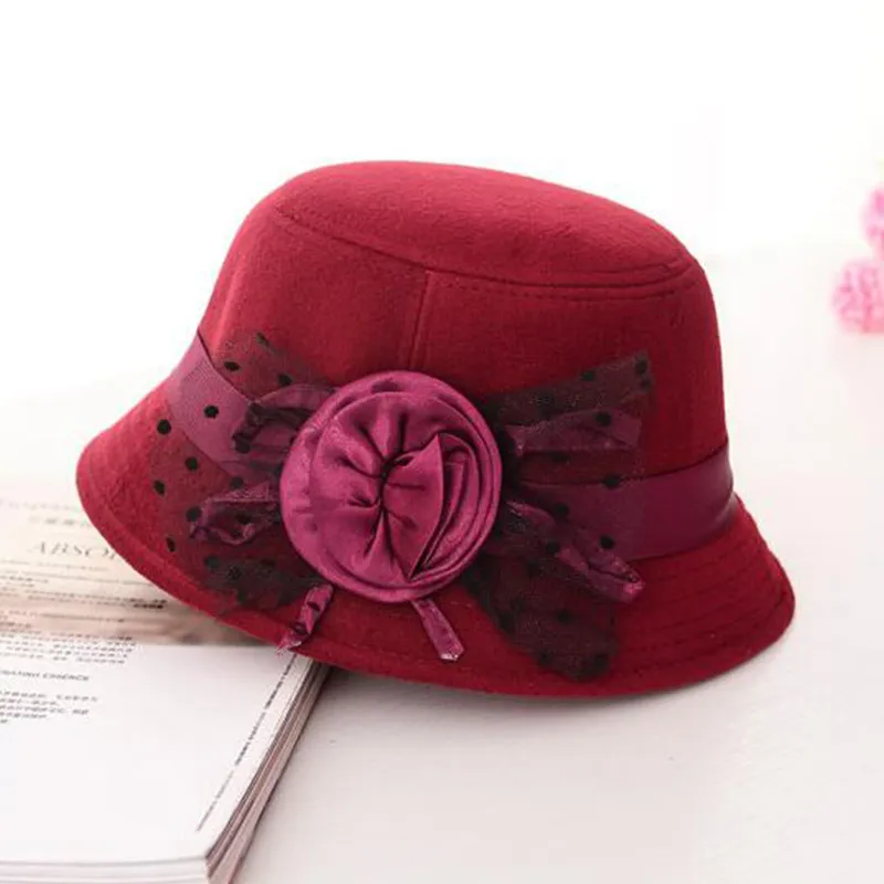 Ladies Winter Wool Vintage Hat With Flower - Solid Felt Bucket Cap For Casual & Party