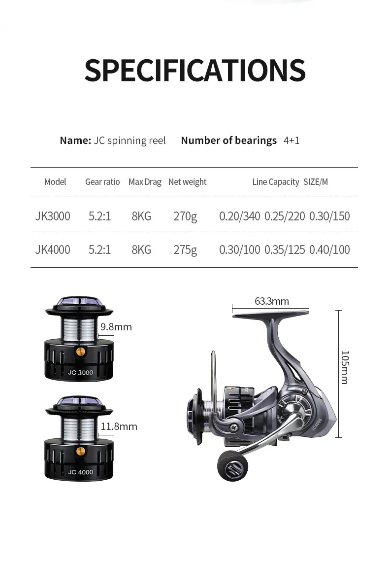 Full Metal Spinning Fishing Reels 5 21 Gear Ratio Saltwater Max Drag 8kg 4 1BB Spool Spinning Reel263W