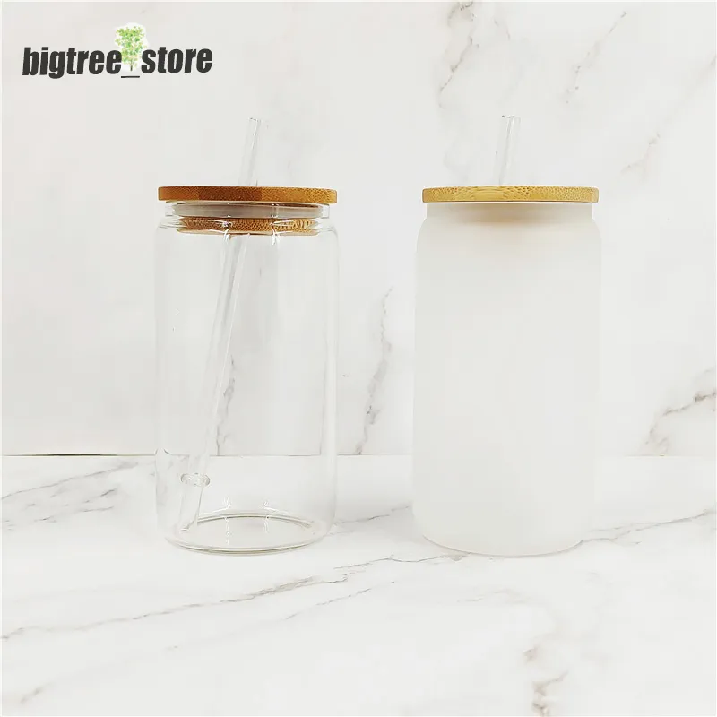 16oz Can Shaped Glass Beer Mugs Sublimation Beer Steins With Bamboo Lid ...