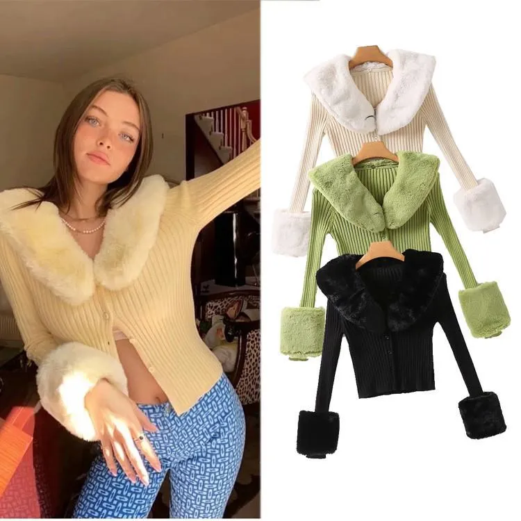 Spring/Summer Womens Faux Fur Knit Cropped Collared Sweater