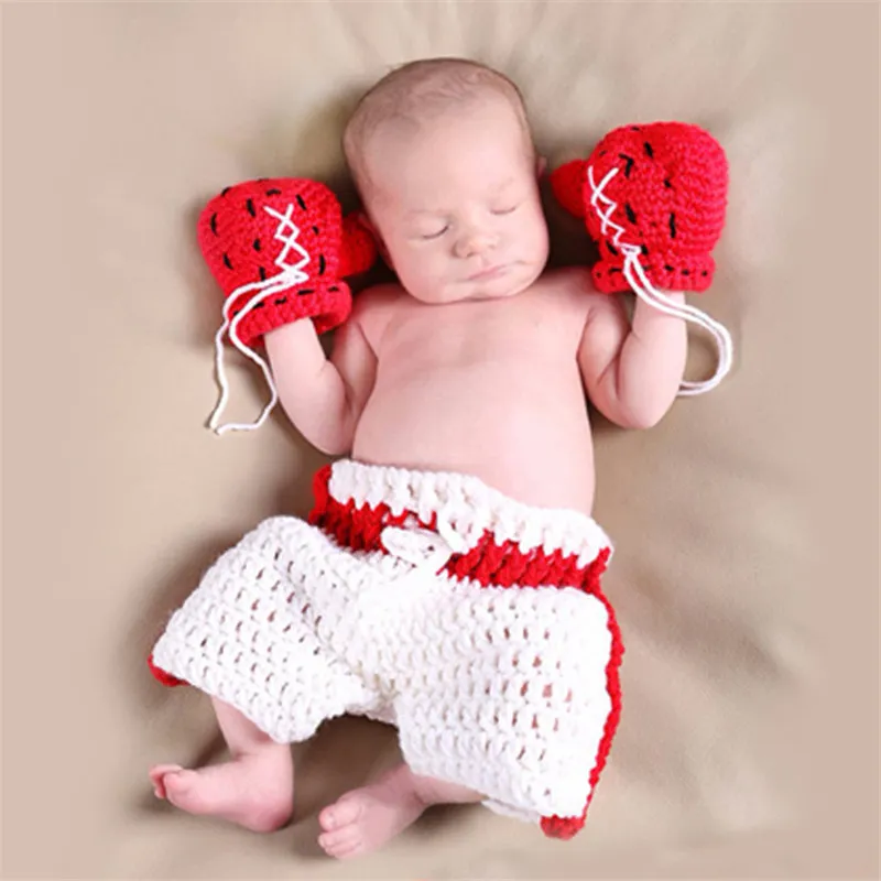 Newborn Baby Photo Photography Prop Costume Hat boys Girl Crochet Knit Clothes boxer Boxing gloves + pants Set for Infant Baby