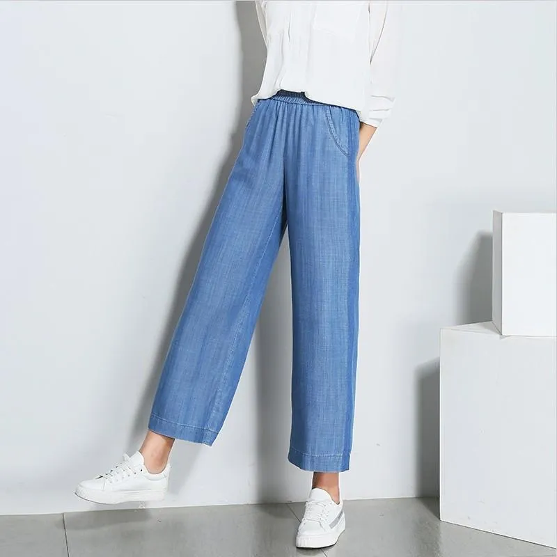 Jeans feminina mulher calça casual solta moda perna larga cintura elástica maxi tamanho m-7xl comprimento de tornozelo preto azul 2021