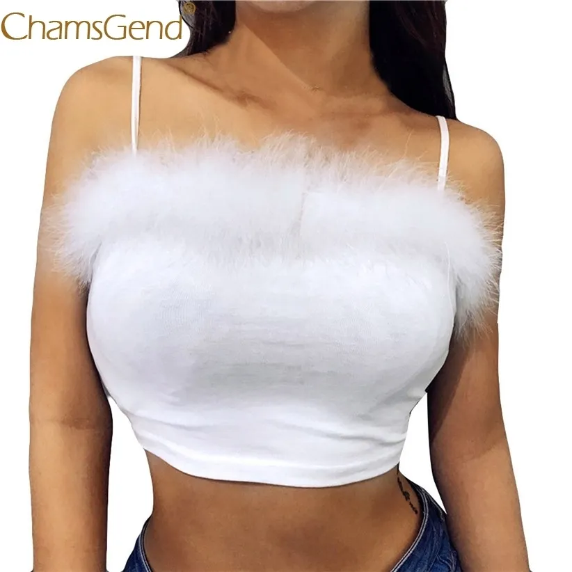 Chamsgend Hemd Neu Design Frauen Mode Flauschigen Fell Strap Crop Top Damen Sexy Weiß Club Camis 80313 T200706