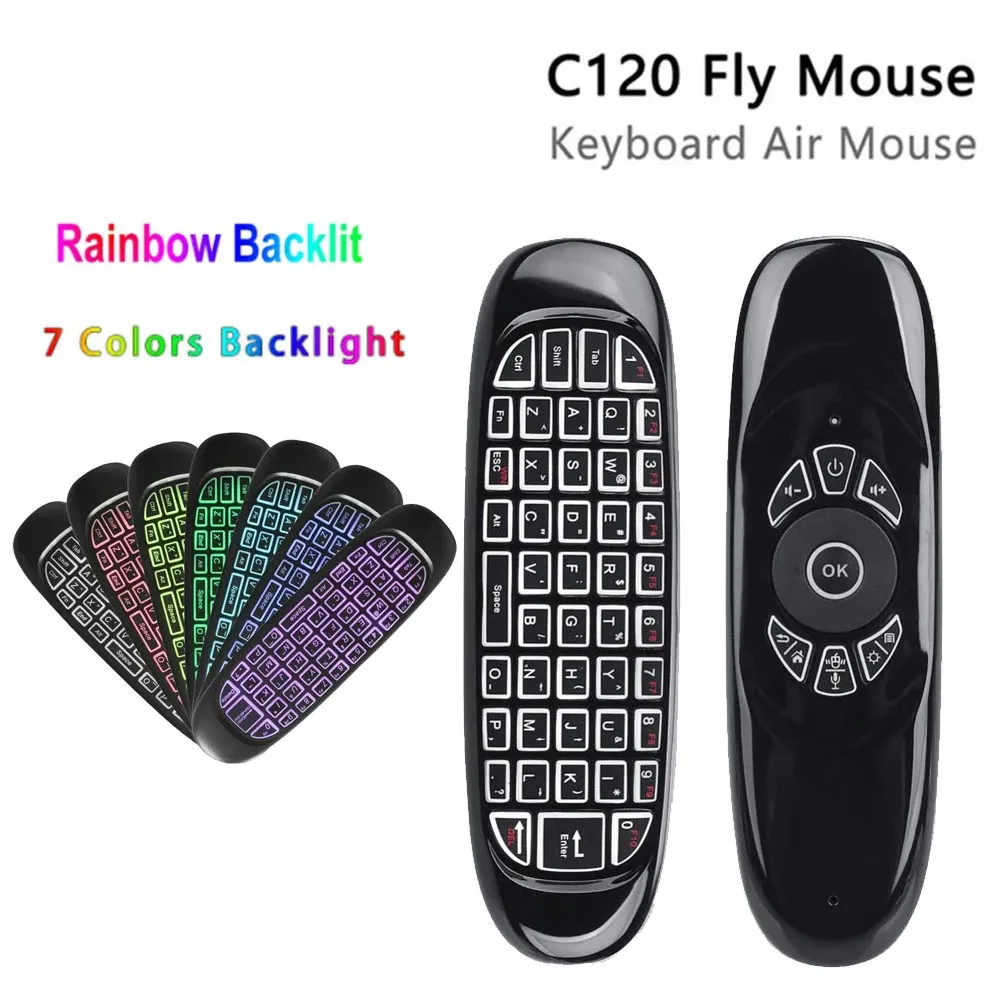 7 cores iluminada em inglês C120 Giroscópio Fly Mouse 6 Sensor do eixo Android Remote Control Mini 2.4 GHz Teclado sem fio