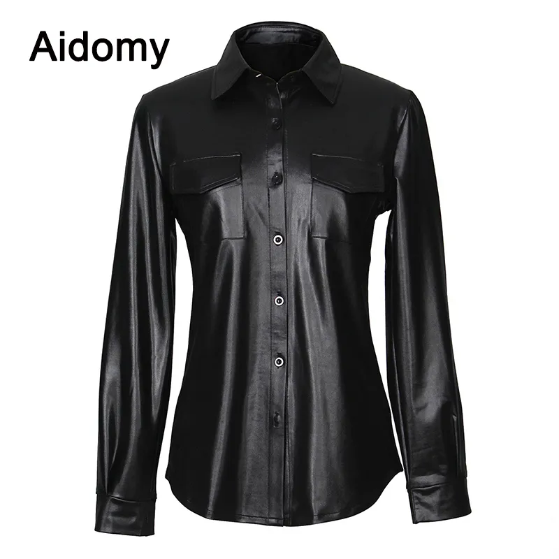 Casual lederen shirt vrouwen lange mouw knoppen blouse turn-down kraag blusa mujer streetwear pocket office vrouwen tops T200321