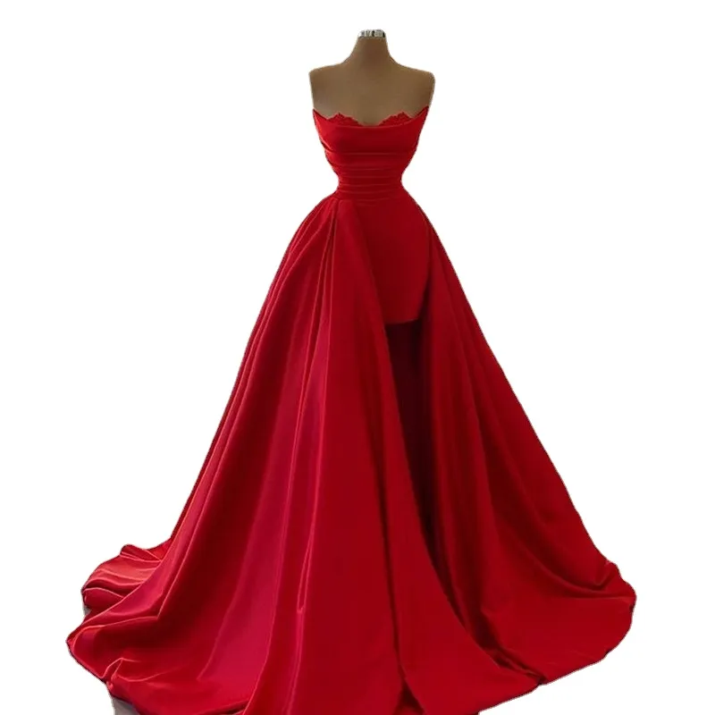 Vermelho longo noite novo trem destacável vestidos formais mulher festa noite querida cetim fiesta vestido de baile party Dresses