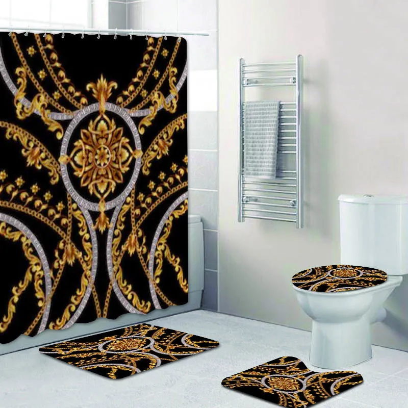 Elegant Black Gold Baroque Pattern Shower Curtains Set for Bathroom Toilet Home Decor Luxury Bath Curtain Long Mats Rugs 180x200 F1224