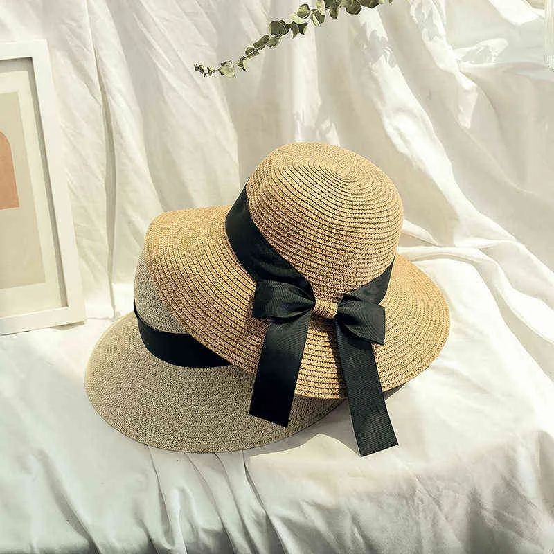 Kobiety Letnie Dostawy Kapelusz Składany Sun Hat Outdoors Szeroki Duży Brim Mody Ulica Snap Plaża Słoma Chapeau Bowknot UV Ochrona G220301