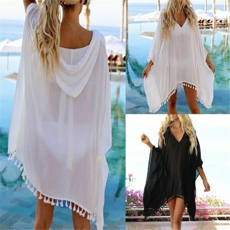 Zomer Vrouwen Boho Transparante Strand Jurk Bikini Cover Up Kwastje Chiffon Mini Hooded Wit Zwart Zonnejurk Strand Cover-up T200517