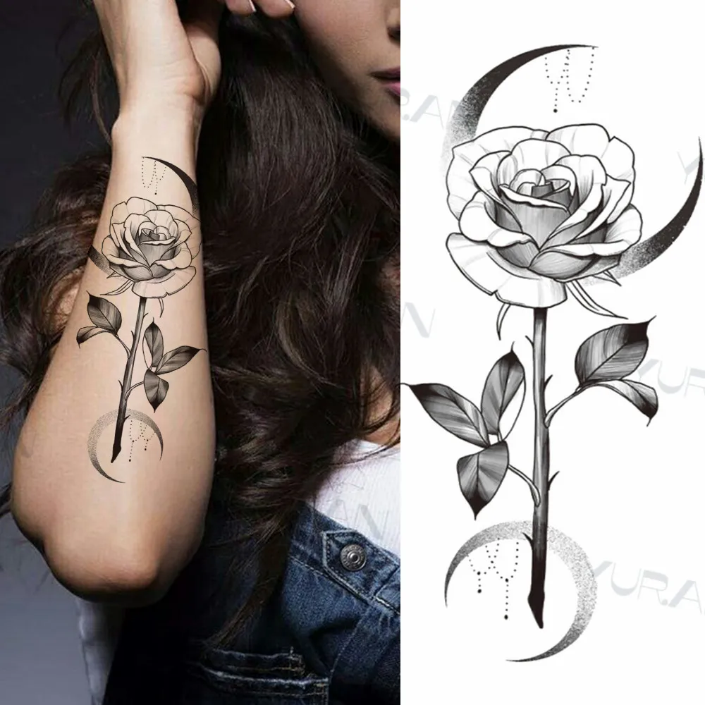 Sexy flor negra mariposa Tatuajes temporales para mujeres Menores Menores  Fake Moon Rose Compass Fake Tatoos
