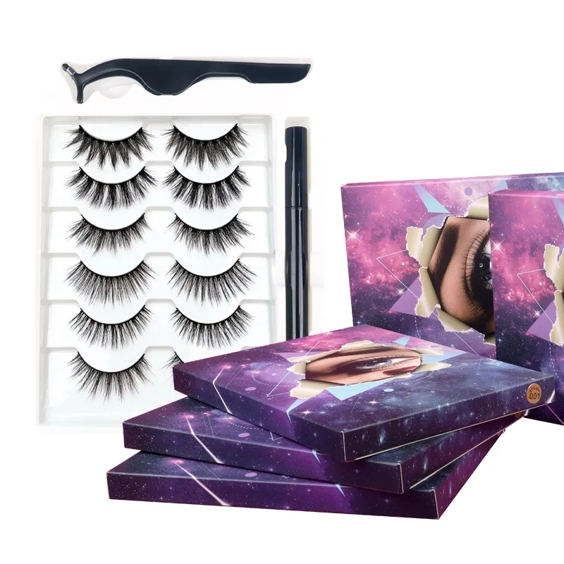 6 Pairs 3D Faux Vizon Lashes Manyetik Eyeliner Ve Kirpikler için Cımbız Set Yanlış Kirpik Sentetik Elyaf Malzeme