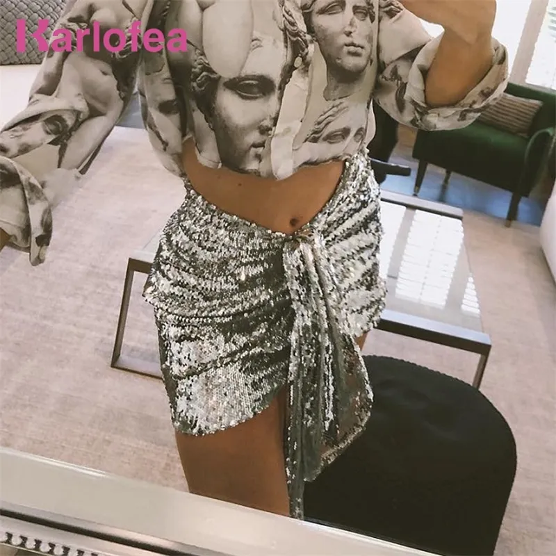 Karlofea Sexy sequin envoltório mini saia prata glitter elegante outwear fundos mulheres clube noite festa vestir nova saias diárias de verão t200324