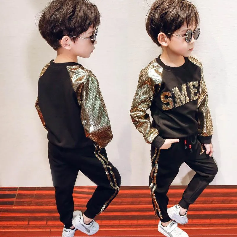 Boys suits casual kids tracksuit gold kids designer clothes boys tracksuits long sleeve t shirt+trousers boys clothes retail A8223