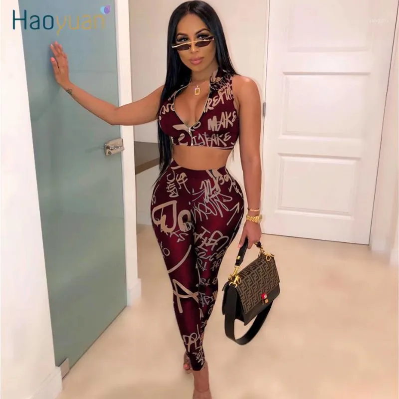 Haoyuan Sexy Letter Print Two Piece Set Women Fall Festival Clothing Crop Top and Pants Suit 2 Piece Matching Sets Club Outfits1
