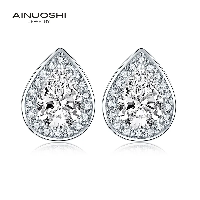 Ainuoshi 925 Sterling Silver Pear Cut 6x8mm CZ Halo Stud Earring 1.25ct銀の素敵なイヤリング女性ウェディングパーティージュエリーY200106