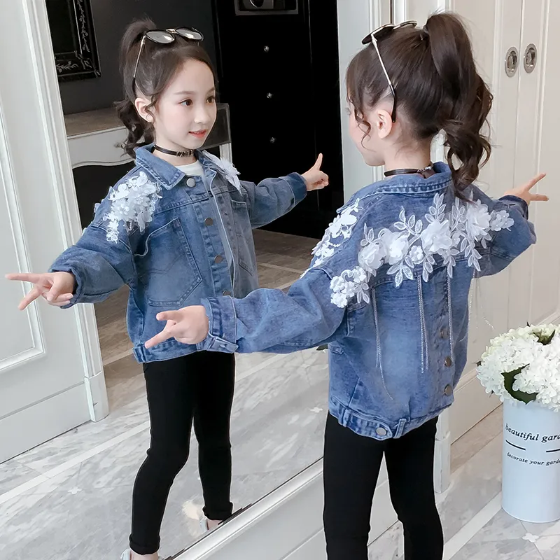 Mode Filles Vestes pour le printemps 2020 Enfants Jeans Manteaux Dentelle Fleur Blanche Vêtements Adolescent Col Rabattu Denim Tops 6 8 12Y LJ201120