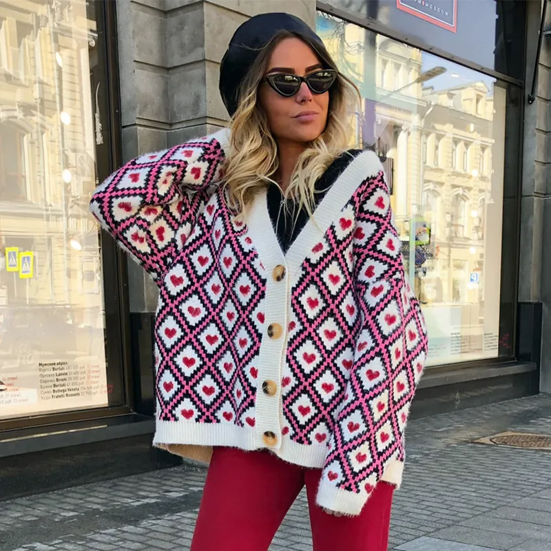 Affogatoo Heart Print Knitted Cardigan For Women Single Breasted