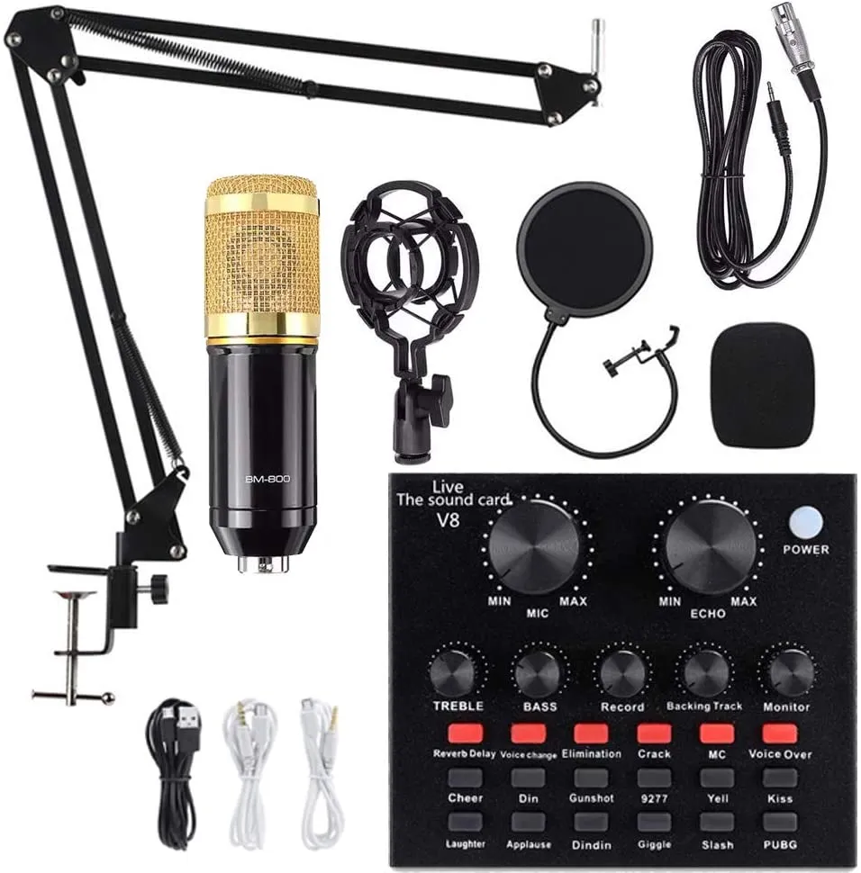 Ensemble de microphones à condensateur, kit de micro BM-800 avec carte son en direct, bras de ciseaux à suspension de micro réglable, support anti-choc en métal