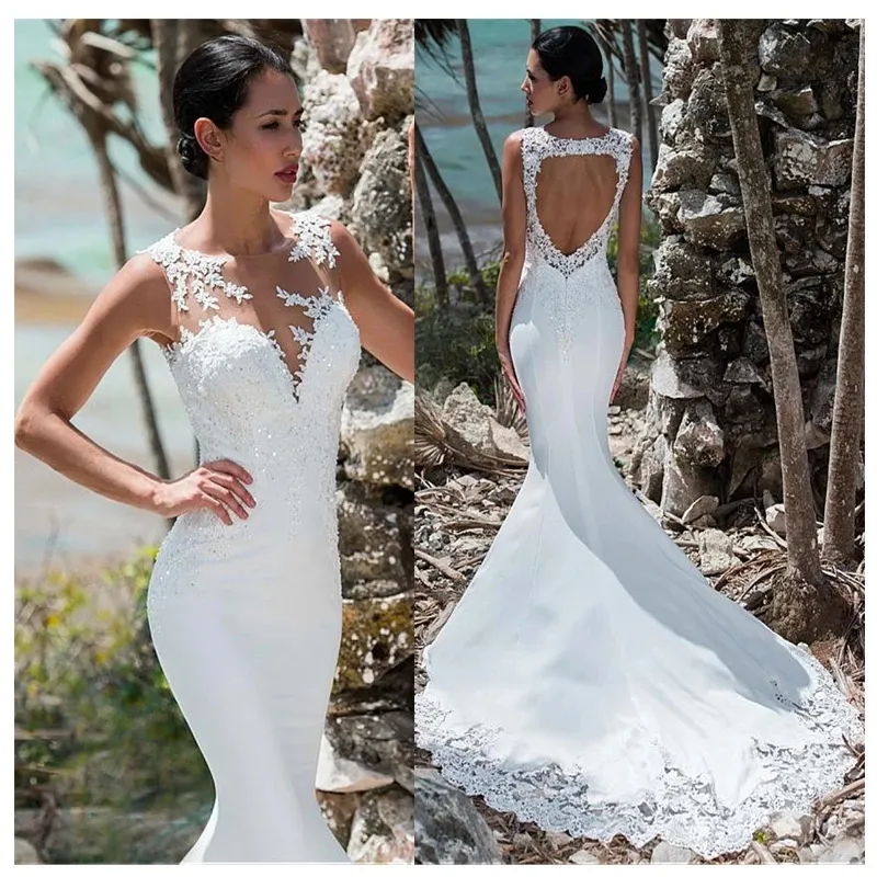 New style Sexy Mermaid Wedding Dress Sleeveless Lace Appliqued Illusion Back Boho Wedding Gown Long Train Bride Dress