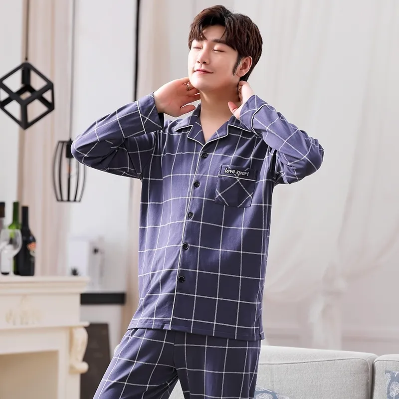 Mens Pajama Set Plus Size Cotton Plaid Sleepwear, Long Sleeve Top