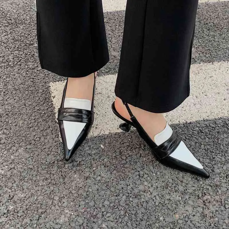 French high heels women`s 2022 early spring new pointed thin heel soft sole color matching single shoes back empty work sandals