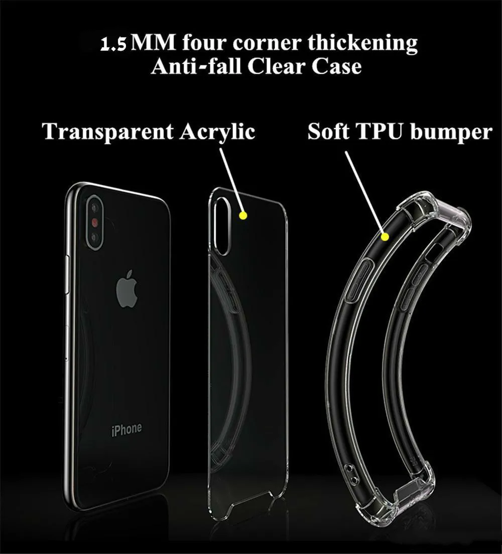 1.5MM Transparent Acrylic Back Cover For Iphone XS MAX XR 7 PLUS Samsung S8 Note 9 J7 Prime Clear gel TPU Case