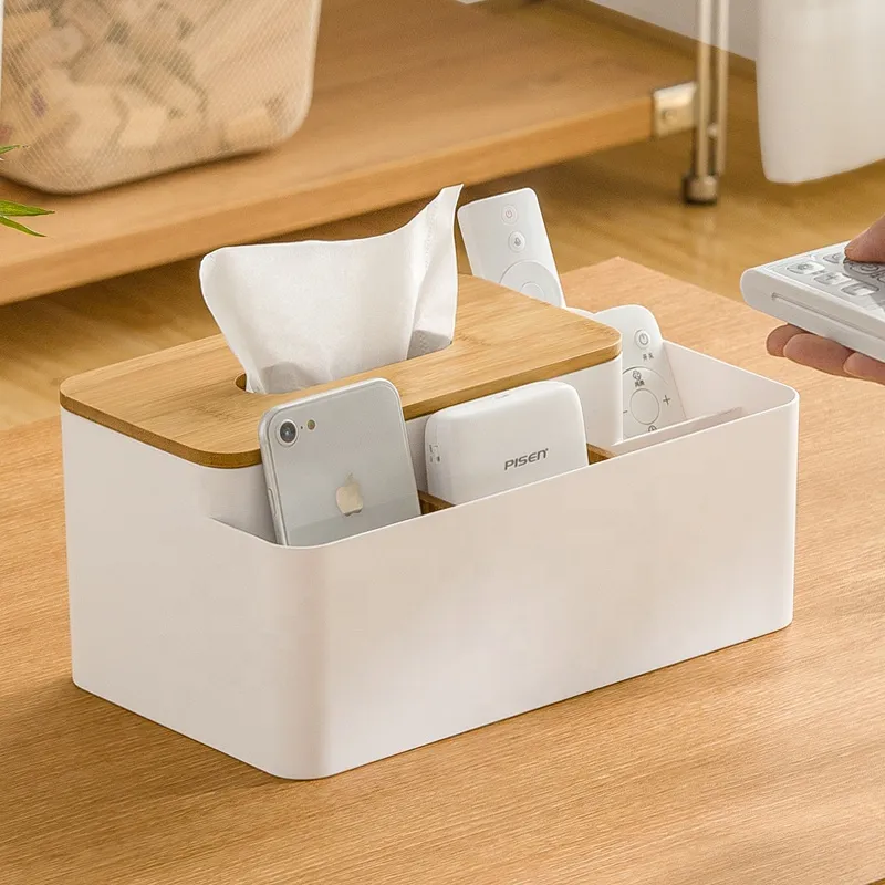 Desktop Podnoszenie Tissue Box Holder Wkładki bambusowe Oddzielne Przechowywanie Organizator Salon Stolik Drewniany Serwetki Plastikowy Uchwyt Case YFax3210