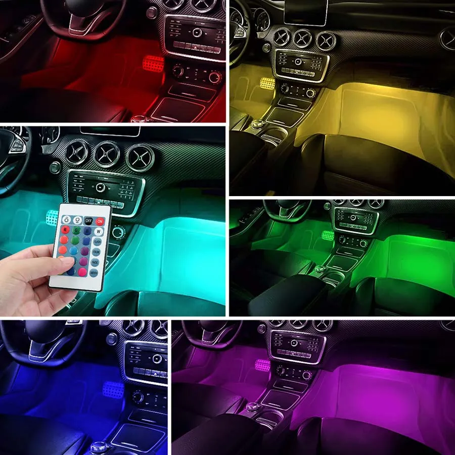 4x 9 سيارة LED ملونة RGB ضوء الأرض الداخلية الغلاف الجوي المصباح الشريط الأضواء الزخرفية العالمية مع تصميم سيارة التحكم عن بُعد