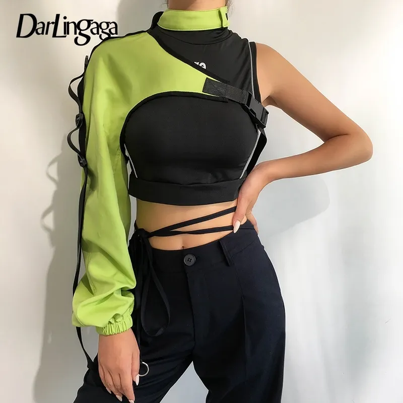 Darlingaga Streetwear Neon Halter Sudadera con capucha Hebilla Reflectante Smock One Hombro Sudaderas para mujer Outwear Holográfico 201006