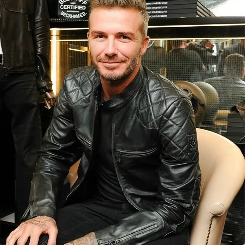 Gratis frakt.Sales klassisk motorbiker läderjacka, mode män äkta läderrock, vinter varm smal fårskinn Beckham LJ201029